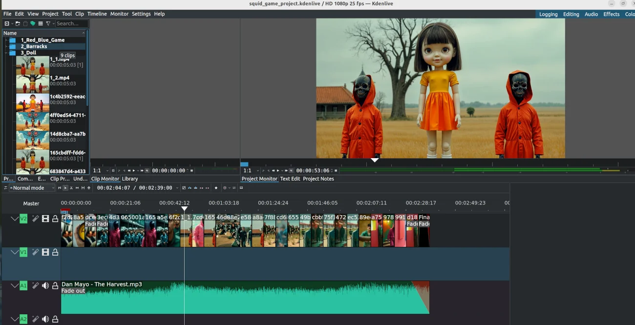 Using Kdenlive to edit AI-generated Squid Game fan art video.