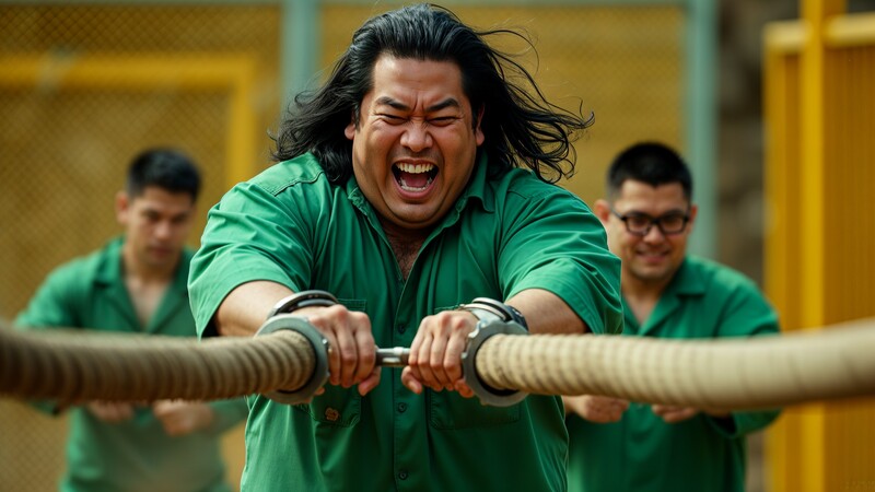 Dynamic AI-generated scene inspired by Squid Game, showing a determined contestant in a green uniform fiercely pulling a rope during an intense tug-of-war challenge.