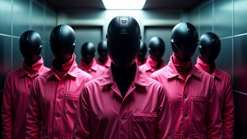 Squid Game-themed AI-generated image of masked guards in bold pink uniforms standing ominously in a dimly lit metallic elevator.