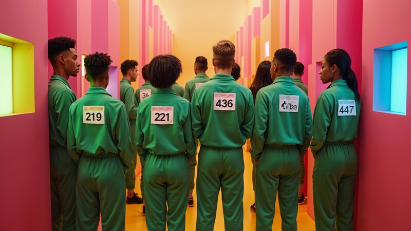 Squid Game-themed AI-generated image of contestants in green tracksuits, numbered 219 to 447, standing in a brightly colored hallway with pink and yellow walls.