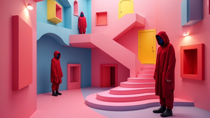 Squid Game-themed AI-generated image of masked guards in red robes standing in a surreal, colorful staircase-filled room with vibrant pink, blue, and yellow walls.