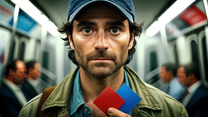 AI-generated Squid Game-inspired image of a man holding a red and blue card while standing in a subway, evoking a tense and dramatic moment.