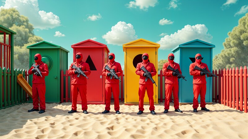 AI-generated Squid Game-inspired image featuring masked guards in red uniforms standing in front of colorful playground doors with geometric shapes.