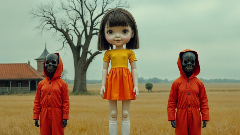 AI-generated Squid Game-inspired image of the iconic giant doll in a yellow dress flanked by two masked guards in a wheat field.