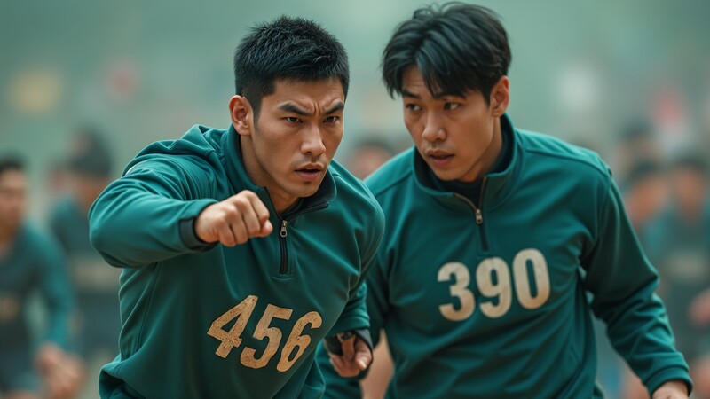 AI-generated Squid Game-inspired image of two contestants in green tracksuits, numbered 456 and 390, running with determination during a challenge.