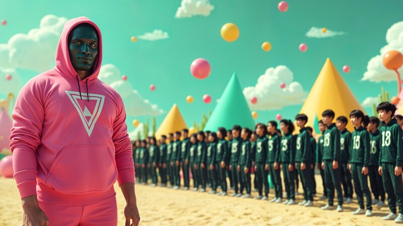 AI-generated Squid Game-inspired image of a pink-hooded figure standing in front of a lineup of contestants in green tracksuits on a colorful playground with balloons and cones.