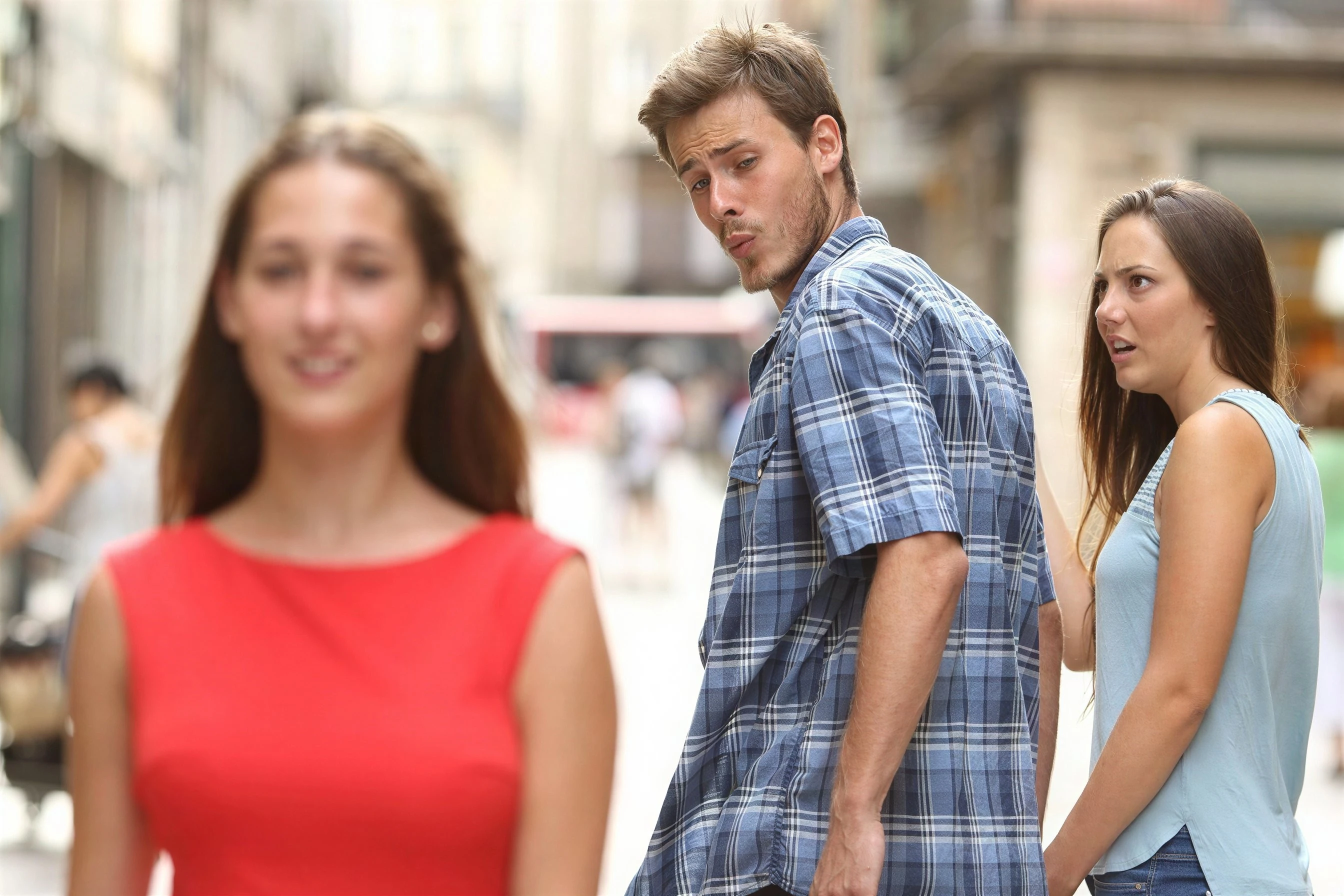Distracted Boyfriend meme upscaled to 4K resolution with enhanced clarity and detail